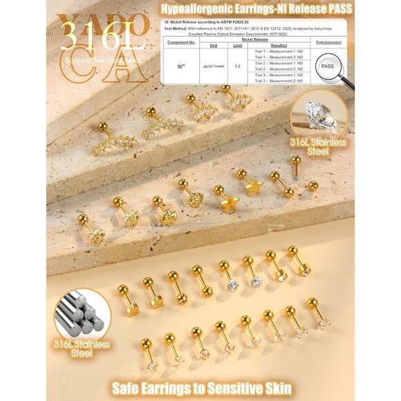 Budget 14-Pair Stainless Steel Hypoallergenic Stud Earrings Set in Gold Silver R - Picture 6 of 7